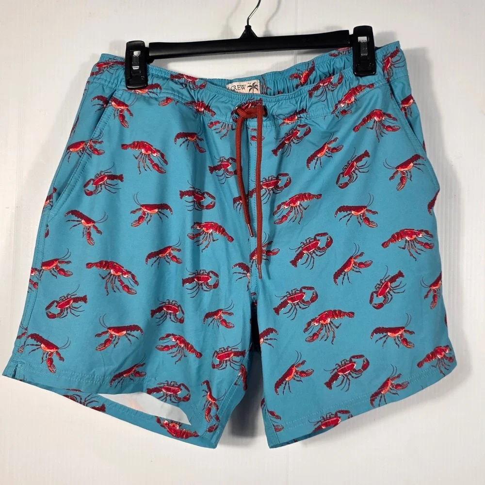 J.Crew Mens Lobster Print Swim Trunks Teal Blue Red Nautical Board Shorts Medium